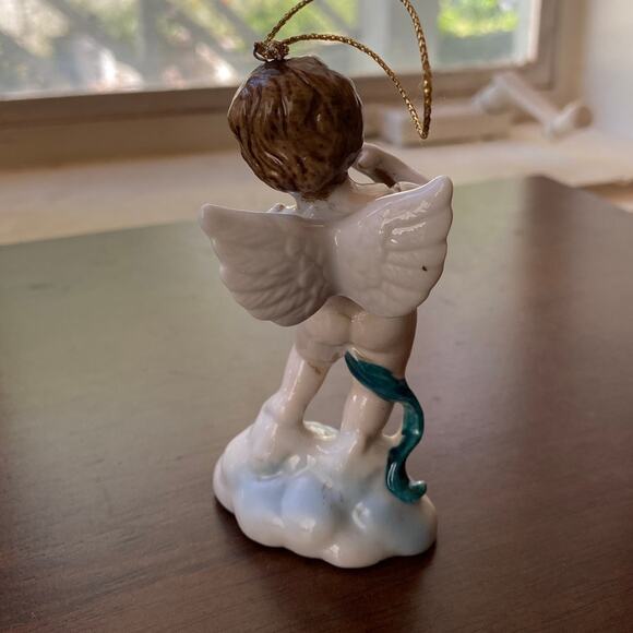 Vintage Cherub Angel Trumpet Ornament On Cloud antique? Wing Winged Chubby fair - Picture 3 of 12